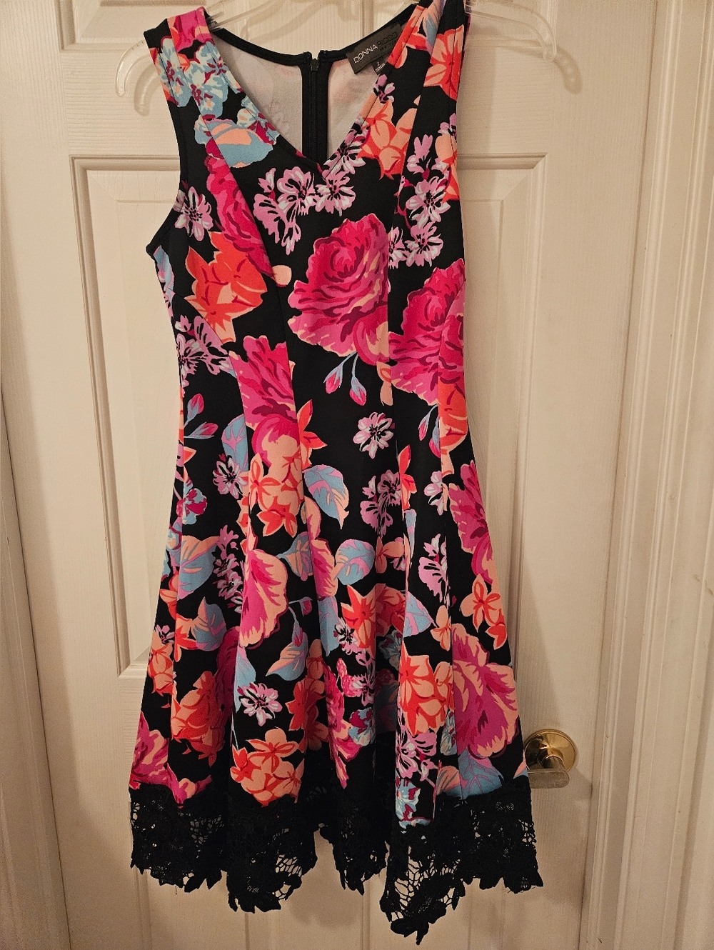 Donna Ricco Black Floral Fit-and-Flare Dress with Pink & Orange Blooms